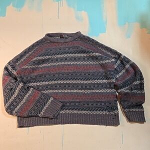 VTG Scandia Men XL Knit Sweater Thrashed Boxy Blue Made N USA Grandpa 80s Cotton